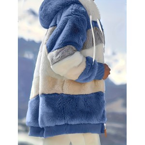 Color Block Hooded Teddy Coat, Casual Zip Up Long Sleeve Winter Warm Outerwear, Women's Clothing