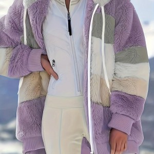 Color Block Hooded Teddy Coat, Casual Zip Up Long Sleeve Winter Warm Outerwear, Women's Clothing