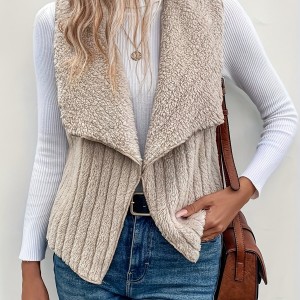 Waterfall Collar Open Front Vest, Versatile Fuzzy Sleeveless Outerwear For Fall & Winter, Women's Clothing