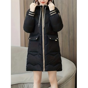Zip Up Color Block Hooded Coat, Casual Long Sleeve Winter Warm Outerwear, Women's Clothing