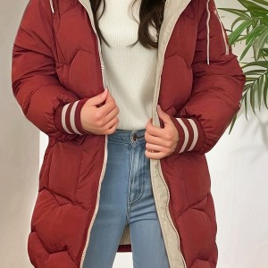 Zip Up Color Block Hooded Coat, Casual Long Sleeve Winter Warm Outerwear, Women's Clothing