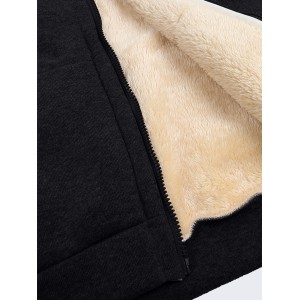 Fuzzy Hooded Jacket, Casual Zip Up Drawstring Long Sleeve Solid Outerwear, Women's Clothing