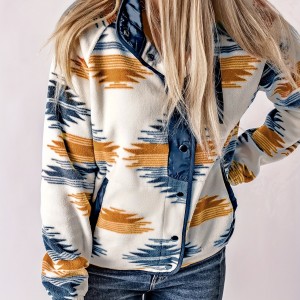 Aztec Print Button Front Jacket, Boho Long Sleeve Outerwear, Women's Clothing