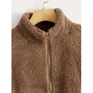 Zip Up Solid Teddy Jacket, Casual Simple Winter Warm Outerwear, Women's Clothing