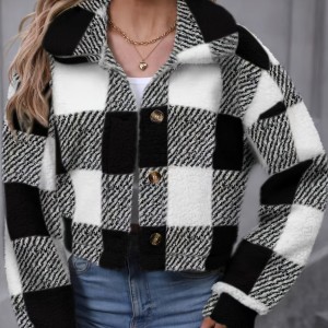 Plaid Teddy Coat, Casual Button Front Long Sleeve Winter Warm Outerwear, Women's Clothing