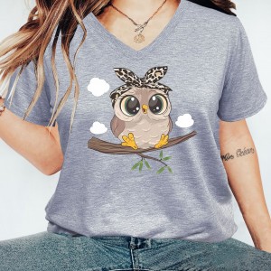 Cute Owl Print V Neck T-Shirt, Casual Short Sleeve T-Shirt For Spring & Summer, Women's Clothing