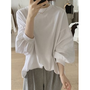 Solid Crew Neck T-Shirt, Casual Lantern Sleeve Top For Spring & Fall, Women's Clothing