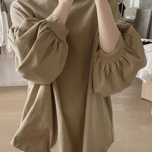 Solid Crew Neck T-Shirt, Casual Lantern Sleeve Top For Spring & Fall, Women's Clothing