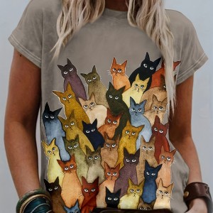 Cat Print Crew Neck T-Shirt, Casual Short Sleeve T-Shirt For Spring & Summer, Women's Clothing