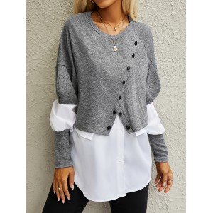 Colorblock Button Decor Asymmetrical T-Shirt, Casual Paneled Long Sleeve Top For Spring & Fall, Women's Clothing