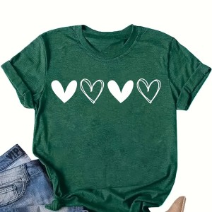 Heart Print Crew Neck T-Shirt, Cute Short Sleeve T-Shirt For Spring & Summer, Women's Clothing