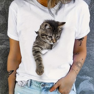 Cute Cat Print T-Shirt, Crew Neck Short Sleeve T-Shirt, Casual Every Day Tops, Women's Clothing