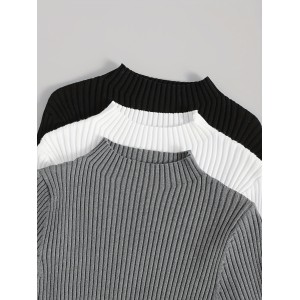 Solid Mock Neck Rib Knit Top 3 Pack, Casual Long Sleeve Slim Versatile Sweater, Women's Clothing