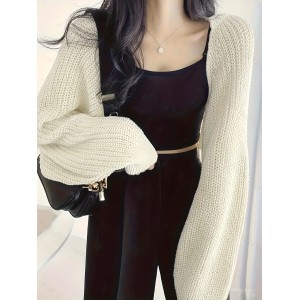 Cropped Solid Knit Sweater, Open Front Long Sleeve Sweater, Women's Clothing