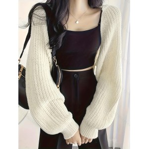 Cropped Solid Knit Sweater, Open Front Long Sleeve Sweater, Women's Clothing