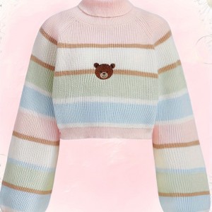 Bear Pattern Striped Pullover Sweater, Cute Turtle Neck Long Sleeve Crop Sweater, Women's Clothing