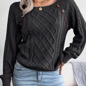 Solid Cable Knit Sweater, Casual Crew Neck Long Sleeve Sweater, Women's Clothing