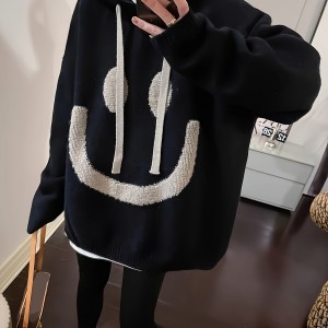 Smile Face Pattern Hooded Knitted Sweater, Casual Drawstring Long Sleeve Oversized Sweater, Women's Clothing