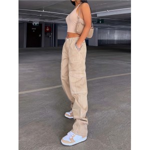 Loose Fit High Waist Cargo Pants, Wide Legs High Rise Flap Pockets Non-Stretch Straight Legs Denim Pants, Y2K Kpop Vintage Style, Women's Denim Jeans & Clothing
