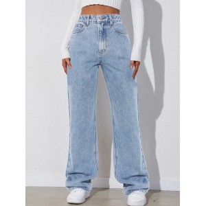 Light Blue Versatile Straight Jeans, Loose Fit Slash Pockets Baggy Denim Pants, Women's Denim Jeans & Clothing