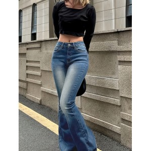 Plain Washed Retro Flare Jeans, Slim Fit High Stretch Slant Pockets Bell Bottom Jeans, Women's Denim Jeans & Clothing